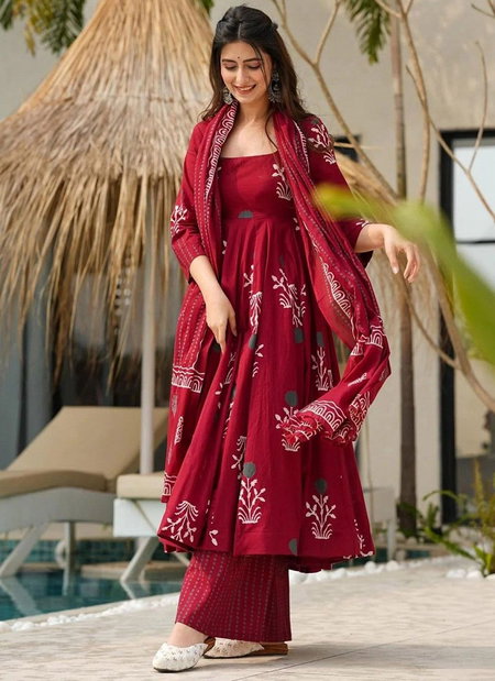 Maroon Colour Rayon Printed Kurti With Pant Dupatta Bulk Orders In India  Aaradhna 2049